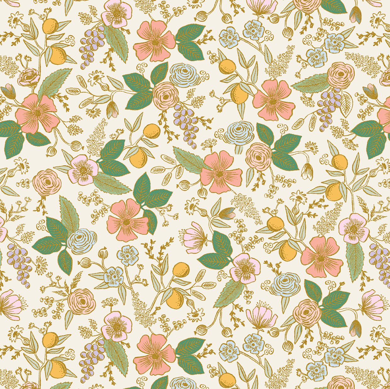 Floral print with grapes, lemons, and metallic gold accents.