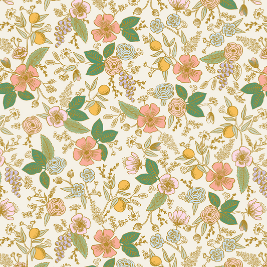 Floral print with grapes, lemons, and metallic gold accents.