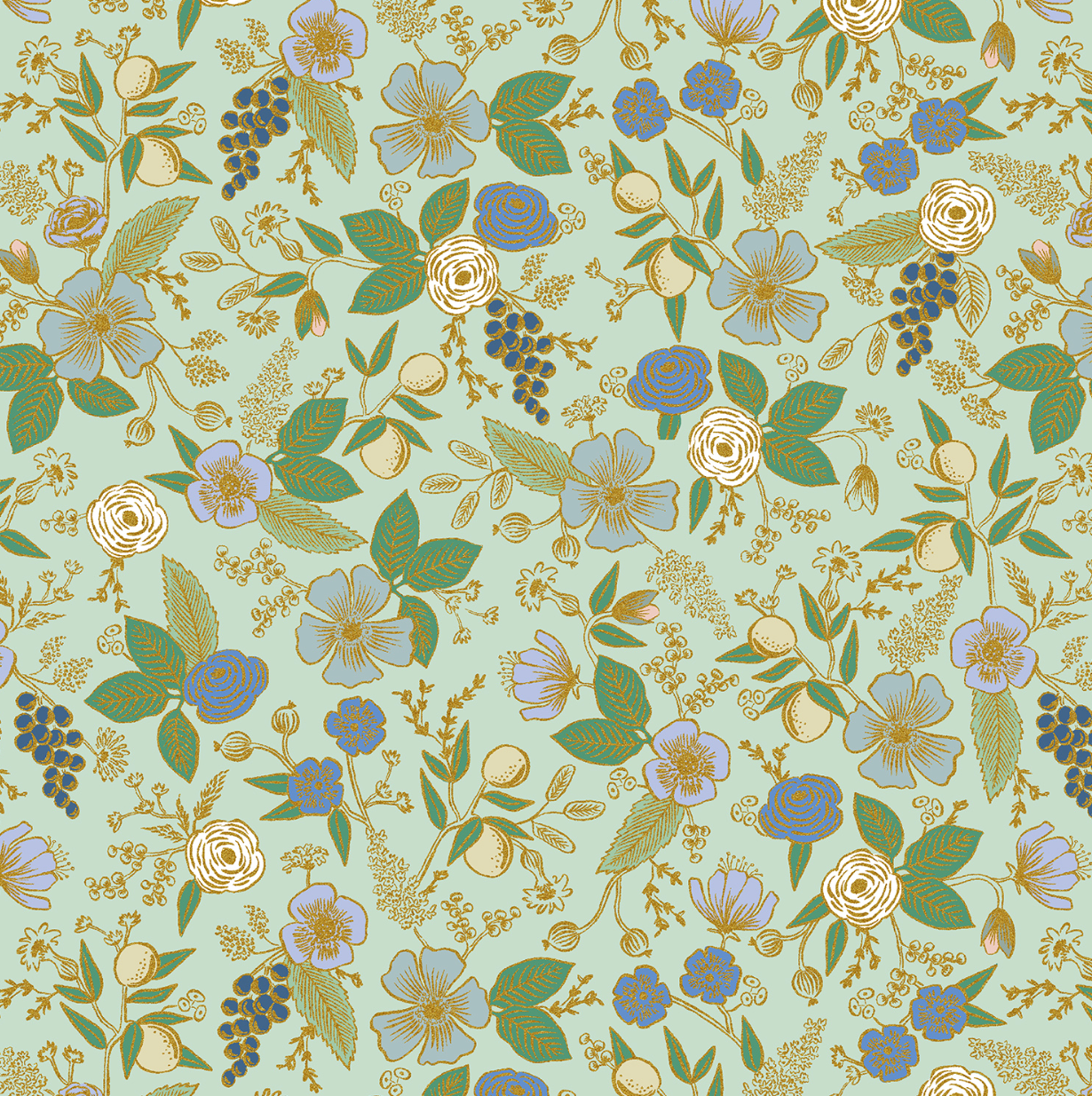 Floral print with grapes, lemons, and metallic gold accents.