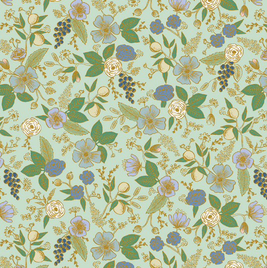 Floral print with grapes, lemons, and metallic gold accents.