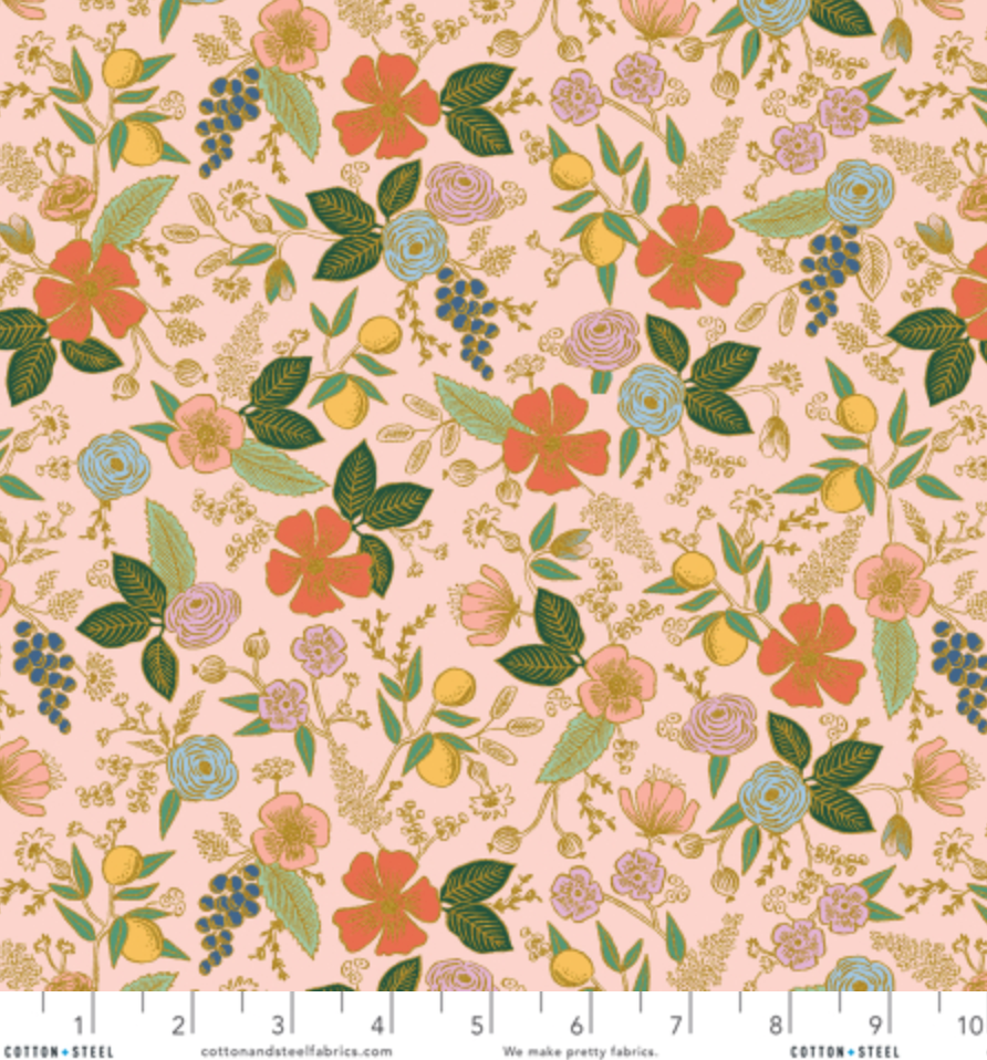 Floral print with grapes, lemons, and metallic gold accents.