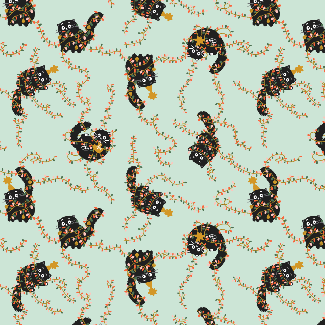 fabric with cats tangled in christmas lights