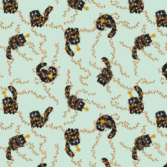 fabric with cats tangled in christmas lights