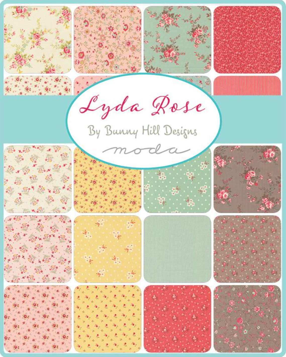 Collection of floral fabric swatches with 'Lydia Rose' branding by Bunny Hill Designs on a blue background.
