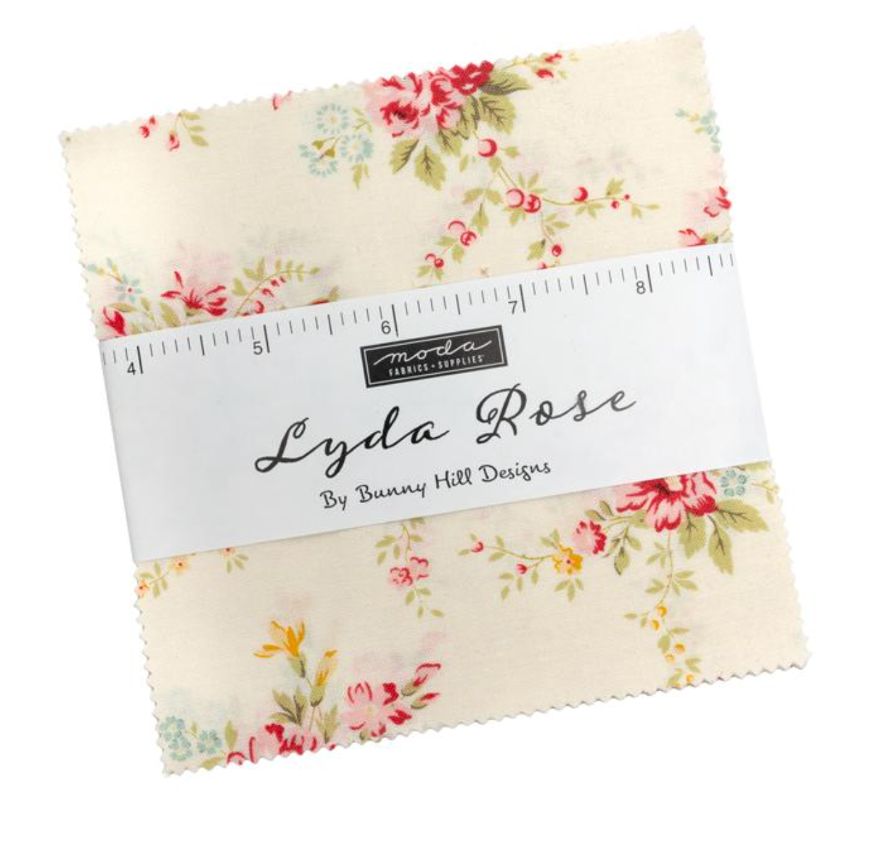 Floral fabric pack with a ruler on a white background, featuring the brand 'Lydia Rose' by Bunny Hill Designs.